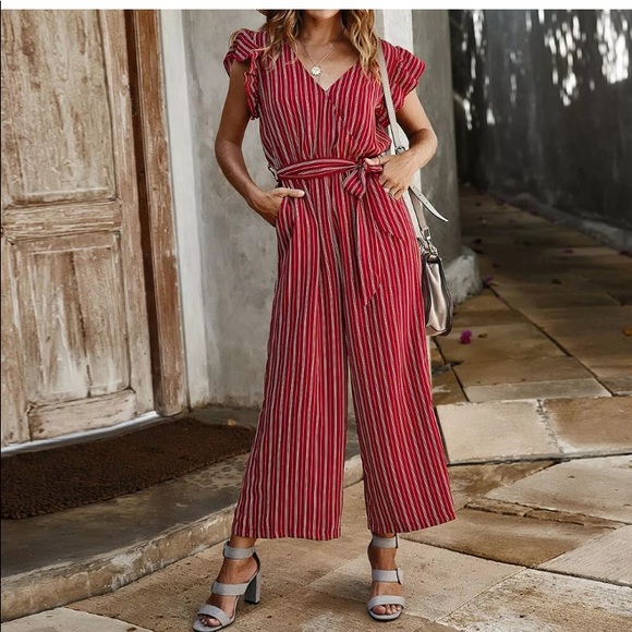 Striped Ruffle-Sleeve Belted Jumpsuit - Picture 2 of 6